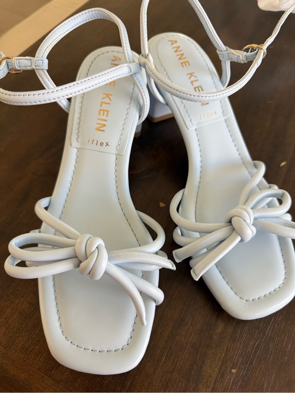 Anne Klein Light Blue Knot Front Low Block Heel Sandals